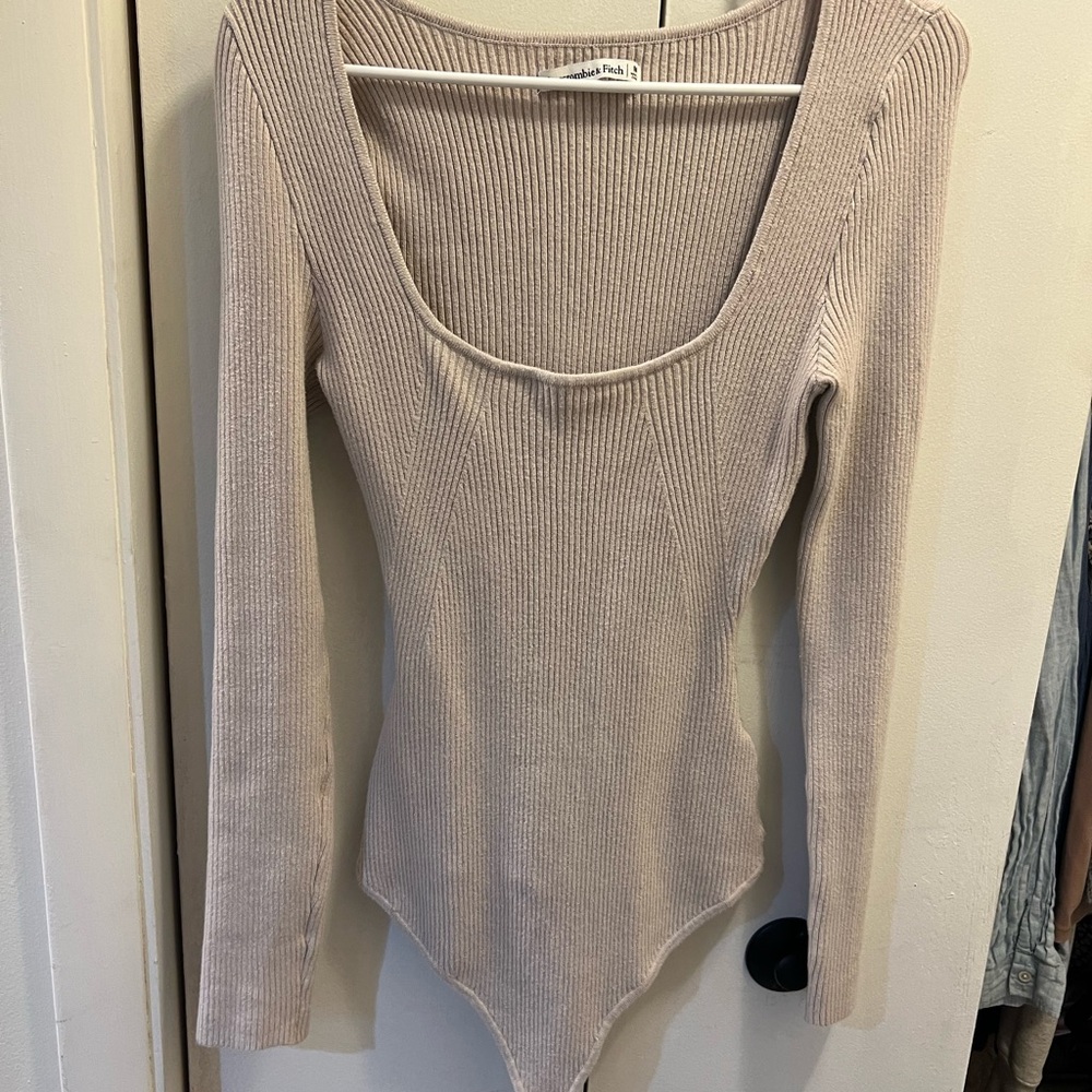 Abercrombie & Fitch Cream Ribbed Long Sleeve Bodysuit